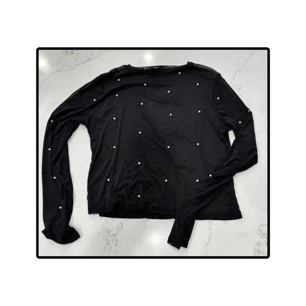 Mesh Black Shirt with Faux Pearl Embellishments